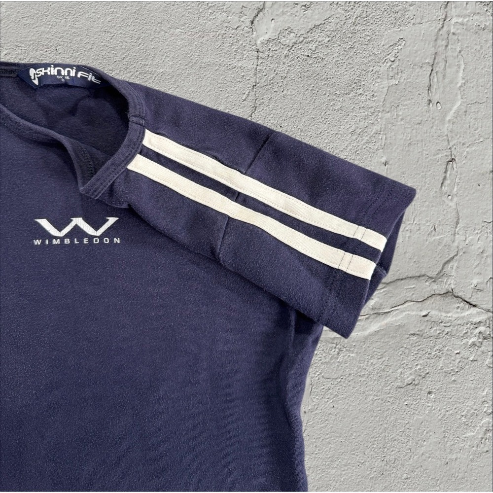 Y2K Sporty Wimbledon Navy Baby Tee Stripe Shoulder Fitted Cotton Top - Picture 2 of 7